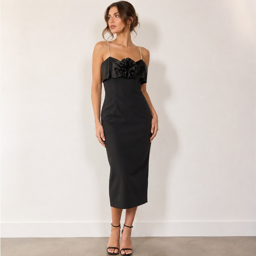 VTG 80s 90s Ann Hobbs Cattiva Black Satin Rosette Dress 8 Rhinestone LBD Union‎
